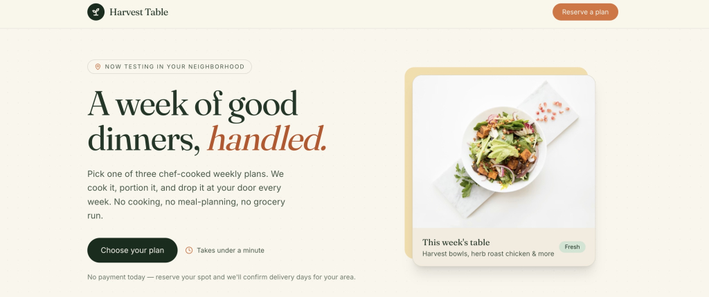 Homepage hero for Harvest Table, a meal delivery service, with the headline "A week of good dinners, handled," a "Choose your plan" button, and a photo of a fresh harvest bowl labeled "This week's table." Page created with Coderick AI.