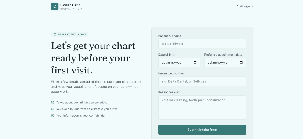 Patient intake form for Cedar Lane Dental Clinic with fields for patient name, date of birth, preferred appointment date, insurance provider, and reason for visit, next to reassurance text about privacy and short completion time. Built with Coderick AI.