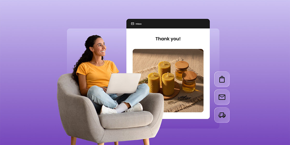 Woman relaxing in an armchair with a laptop, viewing a thank-you email with a photo of candles after an online purchase If you want a shorter version for file naming or CMS fields, "customer-reading-thank-you-email.jpg" works well as the filename, with the alt text staying descriptive for accessibility and search context.