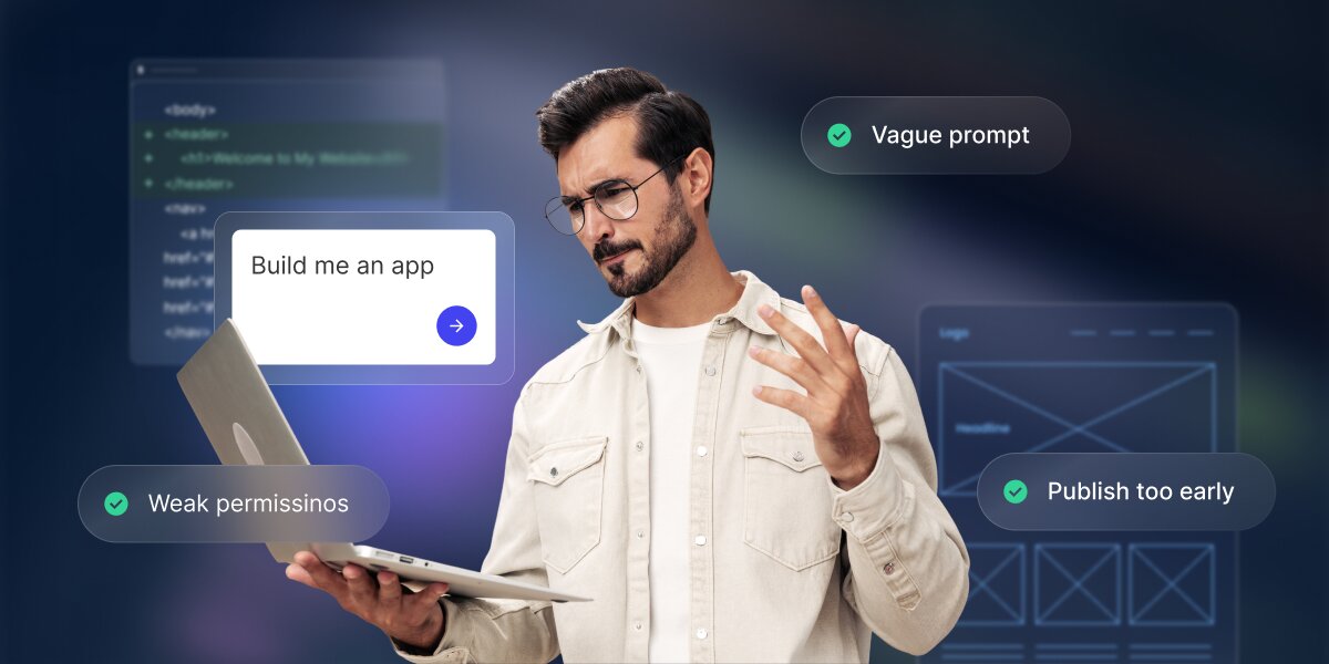 A digital illustration featuring a central man with dark hair and glasses, wearing a beige shirt over a white t-shirt, holding a silver laptop. He has a confused and puzzled expression, gesturing with an open hand. Surrounding him are translucent cards with specific text and green checkmark icons. On the left, a card reads "Weak permissinos". In the center, a prompt input box contains the text "Build me an app" with a blue submit arrow. Above this, a card reads "Vague prompt". To the right, a card reads "Publish too early". Blurred abstract technology wireframes, including a terminal with code on the left and an app layout on the right, are visible in the background against a dark gradient.