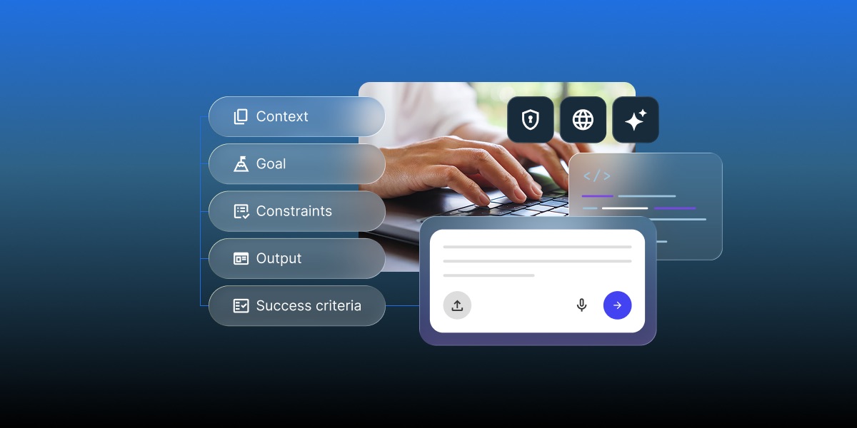 Illustration for a vibe coding prompts article showing a five-part prompt framework (Context, Goal, Constraints, Output, Success criteria) next to a hand typing on a laptop, a chat input box, and a code snippet panel, with icons for security, web access, and AI. Coderick AI themed graphic.