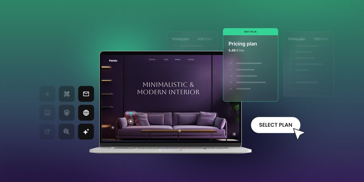 A digital graphic featuring an open laptop displaying a website mockup for "Panto" with a dark interior scene and the headline "MINIMALISTIC & MODERN INTERIOR" against a green to deep purple gradient background. To the left of the laptop sits a three-by-three grid of square UI icon buttons. To the right, a highlighted glassmorphism card topped with a bright green "BEST VALUE" banner displays a "Pricing plan" priced at "5.49 €/mo" above feature line placeholders, with other blurred plan cards in the background. In the bottom-right foreground, a white callout button reads "SELECT PLAN" with an arrow cursor clicking on it.