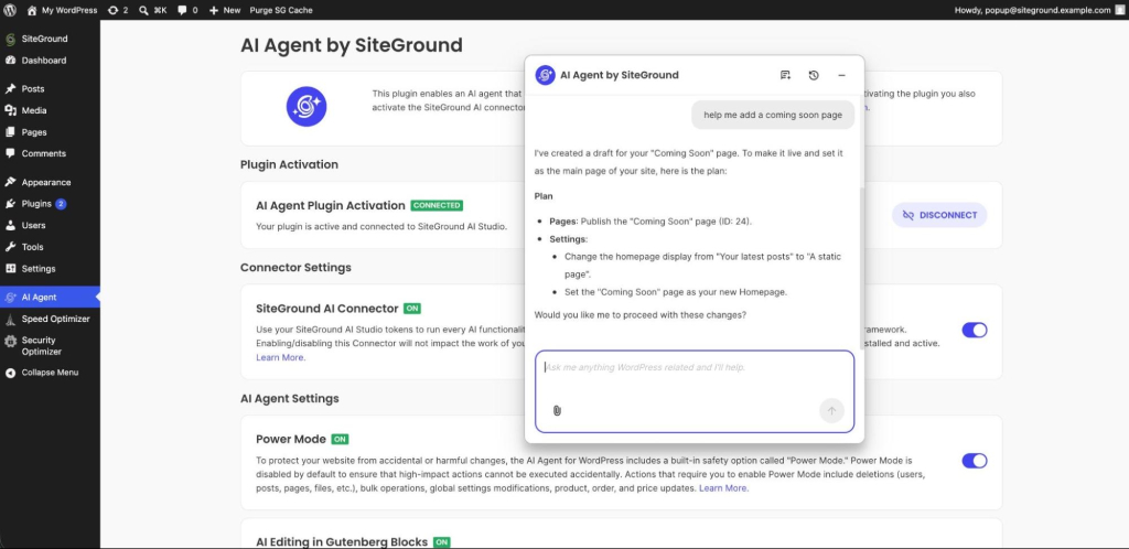 WordPress admin AI Agent settings page with the SiteGround chat assistant open, presenting a step-by-step plan to publish a "Coming Soon" page and set it as the site homepage, asking for confirmation to proceed.