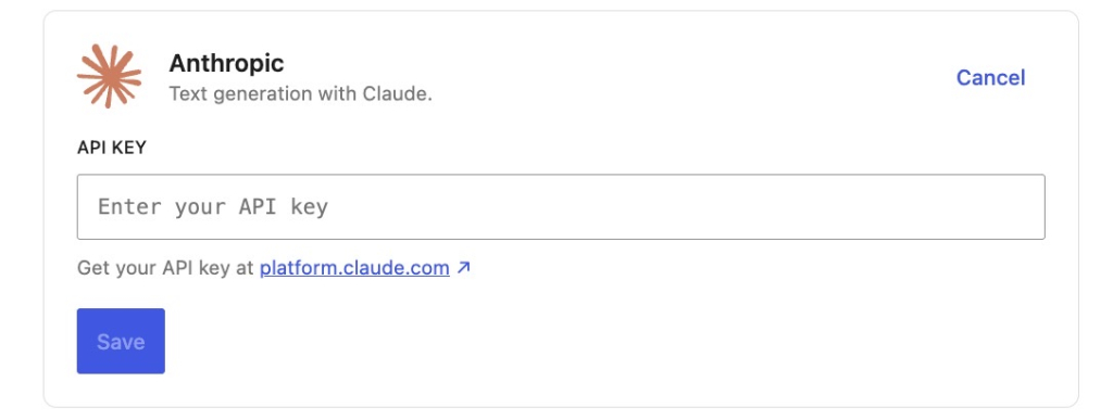 Anthropic connector setup panel titled "Text generation with Claude," with an empty API key input field, a link to get an API key at platform.claude.com, and a Save button.