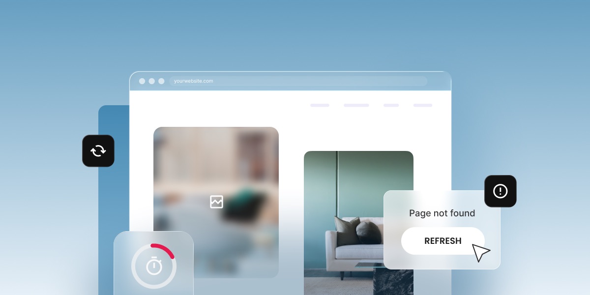 Illustration of a website in a browser window with a blurred, unloaded image placeholder, a "Page not found" notice with a Refresh button, a stopwatch icon, and a reload icon — representing stale cache and loading issues.