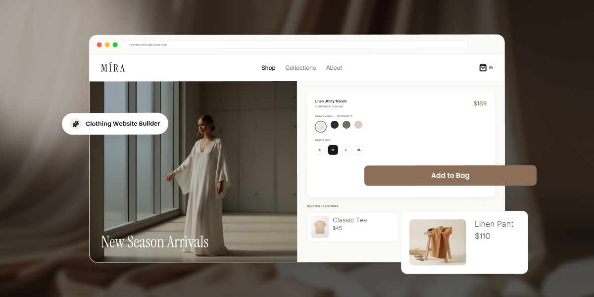 Browser mockup of a clothing store called MÍRA built with a website builder, showing a "New Season Arrivals" hero image of a model in a white linen dress, alongside a product page for a Linen Utility Trench with color and size options, an "Add to Bag" button, and related items: Classic Tee and Linen Pant.