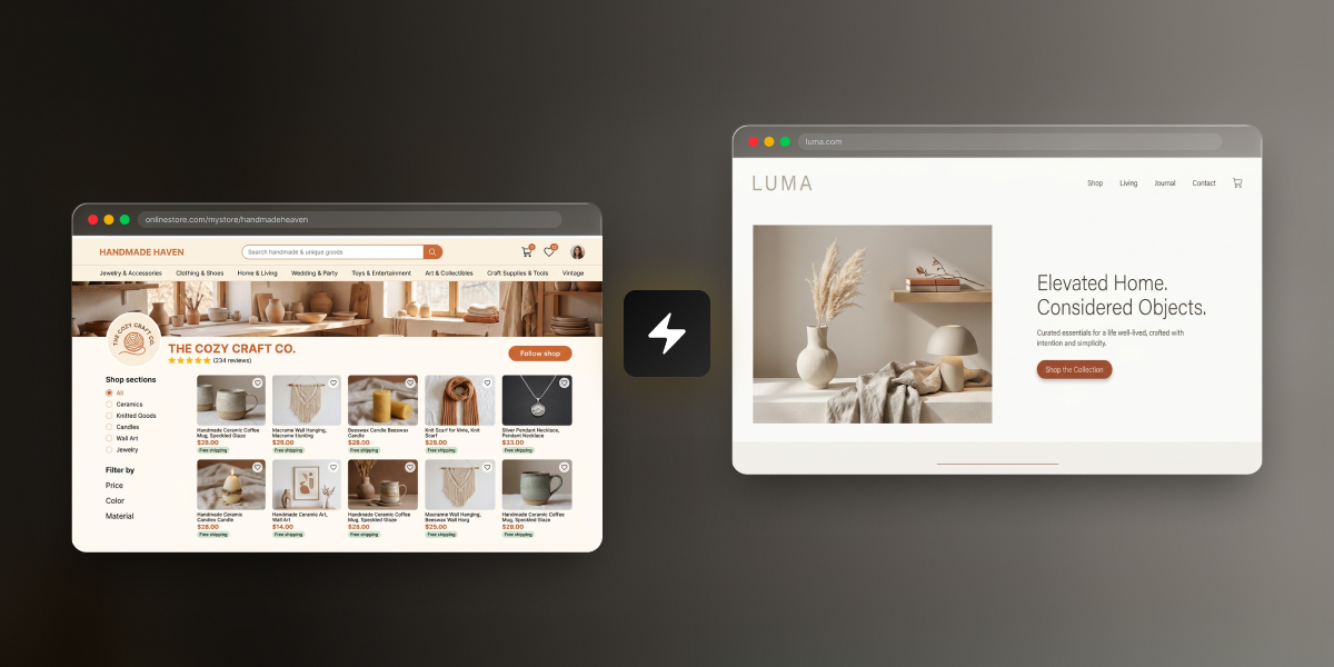 Side-by-side comparison of a marketplace shop page (Handmade Haven, a ceramics and craft seller on a hosted marketplace) and a standalone e-commerce platform (Luma, a home goods brand with its own branded storefront), connected by a lightning bolt icon.