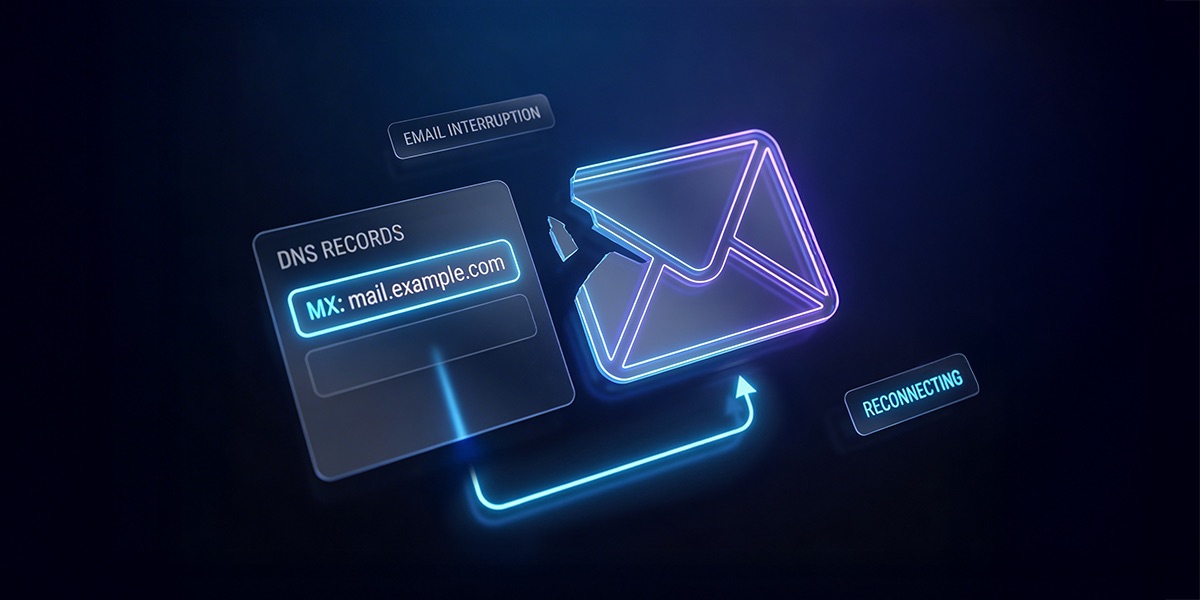 Illustration of email reconnecting to its DNS MX record after a DNS change, with an interrupted envelope being restored