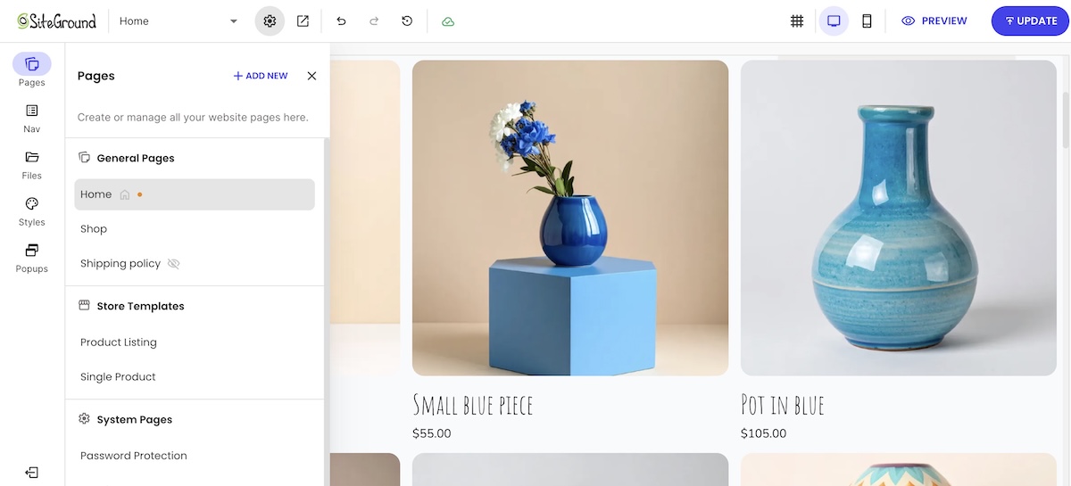 product catalog page on ecommerce platform website with handmade goods