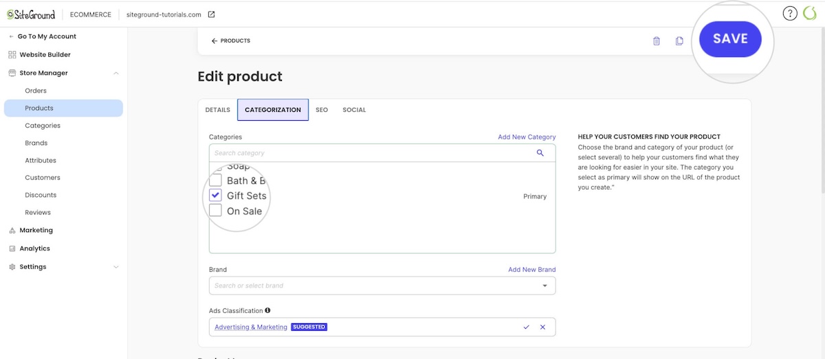 Selecting categories for products on ecommerce website admin panel