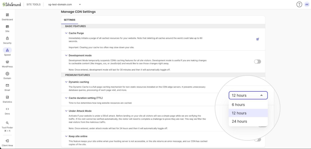 Manage CDN Settings page in SiteGround Site Tools showing Premium Features, with the Cache duration setting (TTL) dropdown expanded and options for 6 hours, 12 hours, and 24 hours.