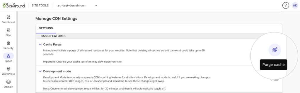 Manage CDN Settings page in SiteGround Site Tools with the Basic Features section open, showing a magnified view of the Purge cache button next to the Cache Purge option.