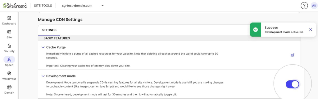 Manage CDN Settings page in SiteGround Site Tools with the Development mode toggle switched on and a green "Development mode activated" success message.