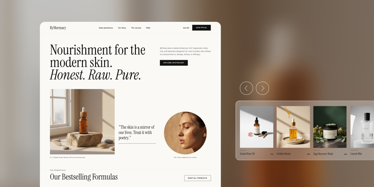 Homepage mockup for skincare brand ByMermary, showing a hero section with the headline "Nourishment for the modern skin. Honest. Raw. Pure," a product photo of an amber dropper bottle on stone, a circular portrait of a woman with a skin-care quote, and a horizontal carousel of four bestselling products: Santal Rose Oil, Golden Nectar, Sage Recovery Mask, and Lucent Mist.