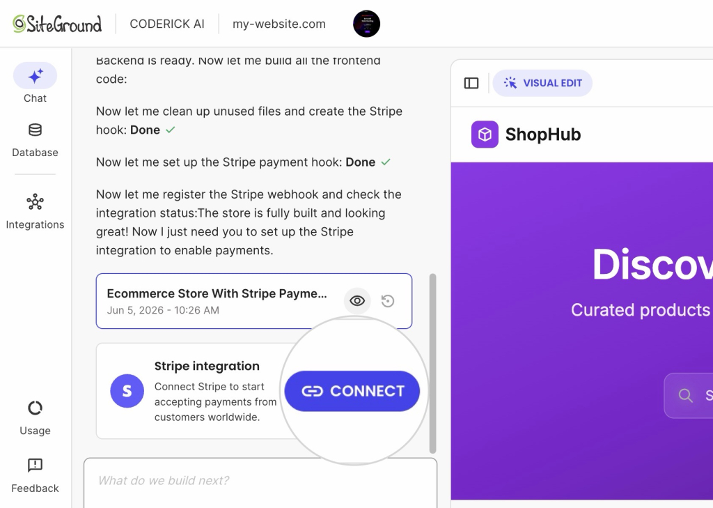 Coderick AI chat interface showing the Stripe integration card with a Connect button, next to a live preview of an ecommerce store built with the platform