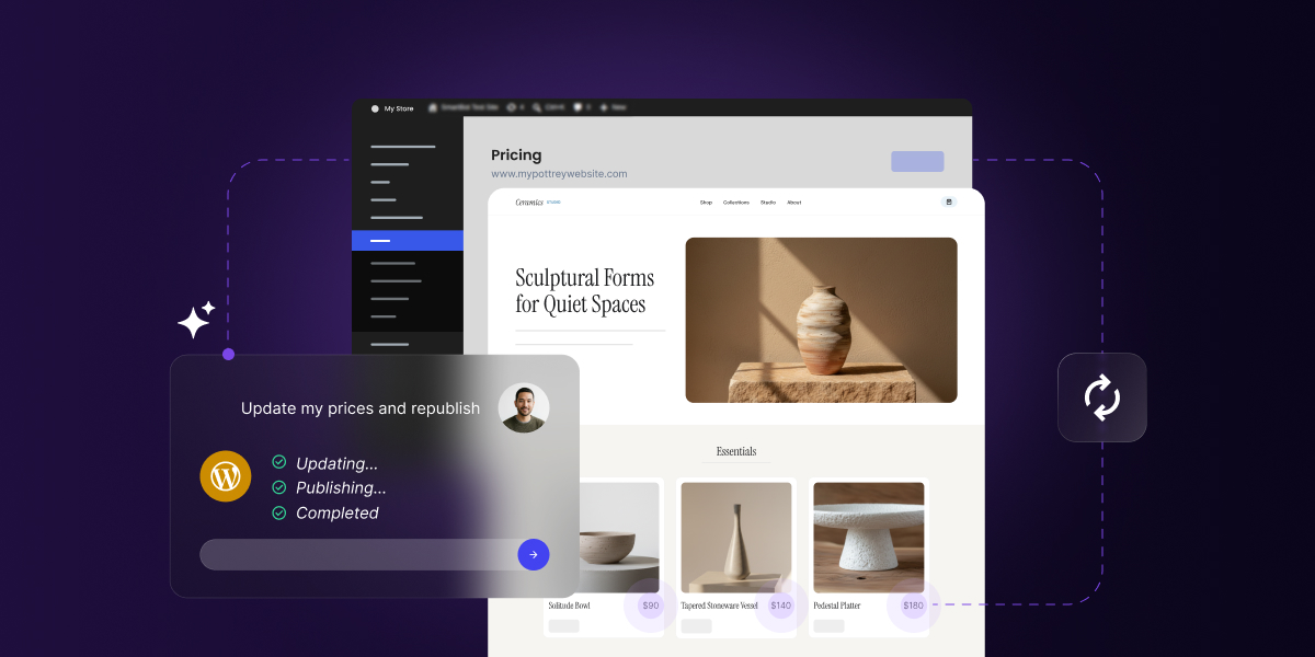 A digital graphic depicting AI-assisted e-commerce price updates and automated site publishing on a dark purple background. In the foreground, a floating translucent UI window displays a user prompt, "Update my prices and republish," alongside green checkmarks for "Updating...," "Publishing...," and "Completed" next to a WordPress logo. In the background, a ceramics website preview showcases updated item prices under an "Essentials" section, featuring the "Solitude Bowl" at "$90," "Tapered Stoneware Vessel" at "$140," and "Pedestal Platter" at "$180."
