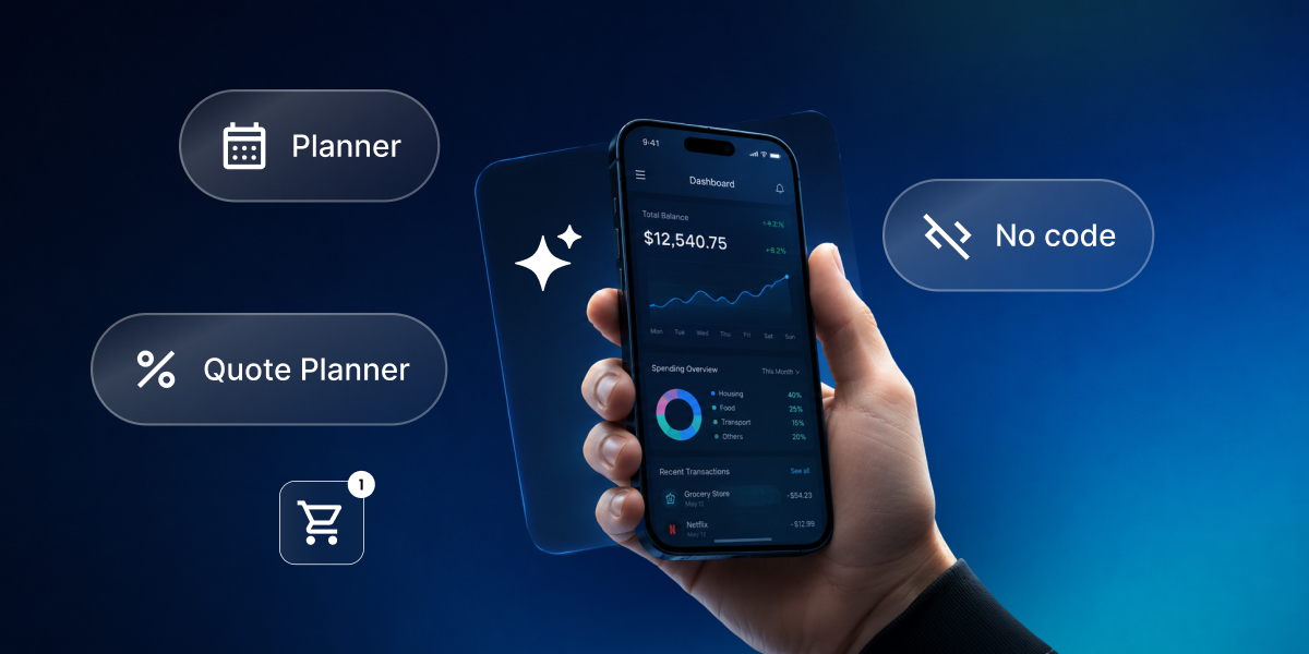Header image of a hand holding a smartphone with a web app dashboard and floating Planner, Quote Planner, and No Code labels.