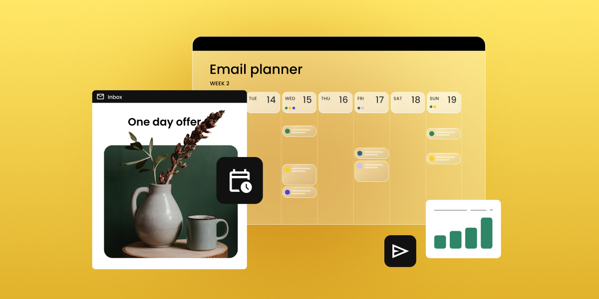 An email planner calendar showing scheduled campaigns next to a "one day offer" email preview and a bar chart tracking results