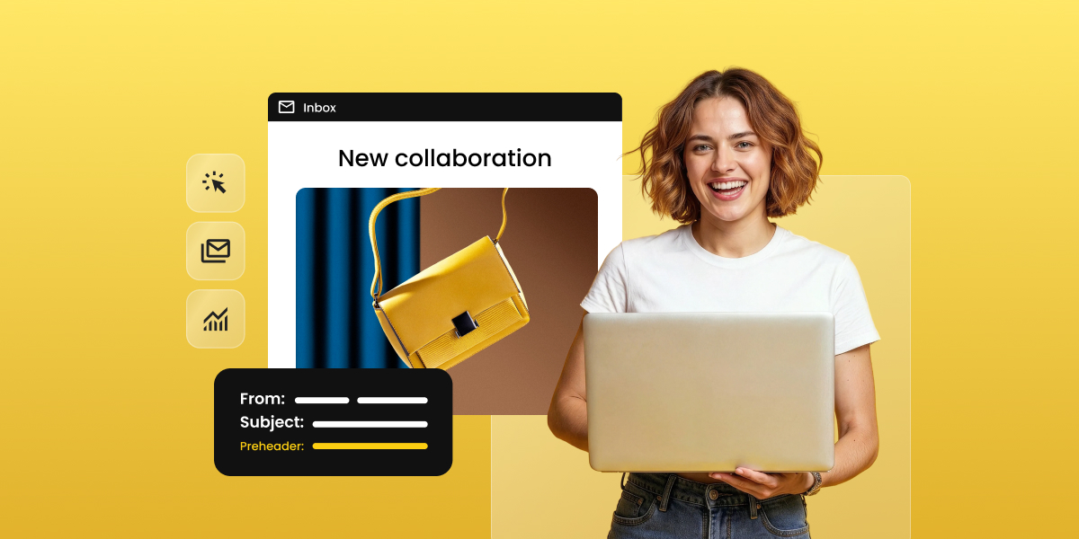 Woman working on a laptop next to an inbox preview showing a "New collaboration" email with subject line and preheader text highlighted