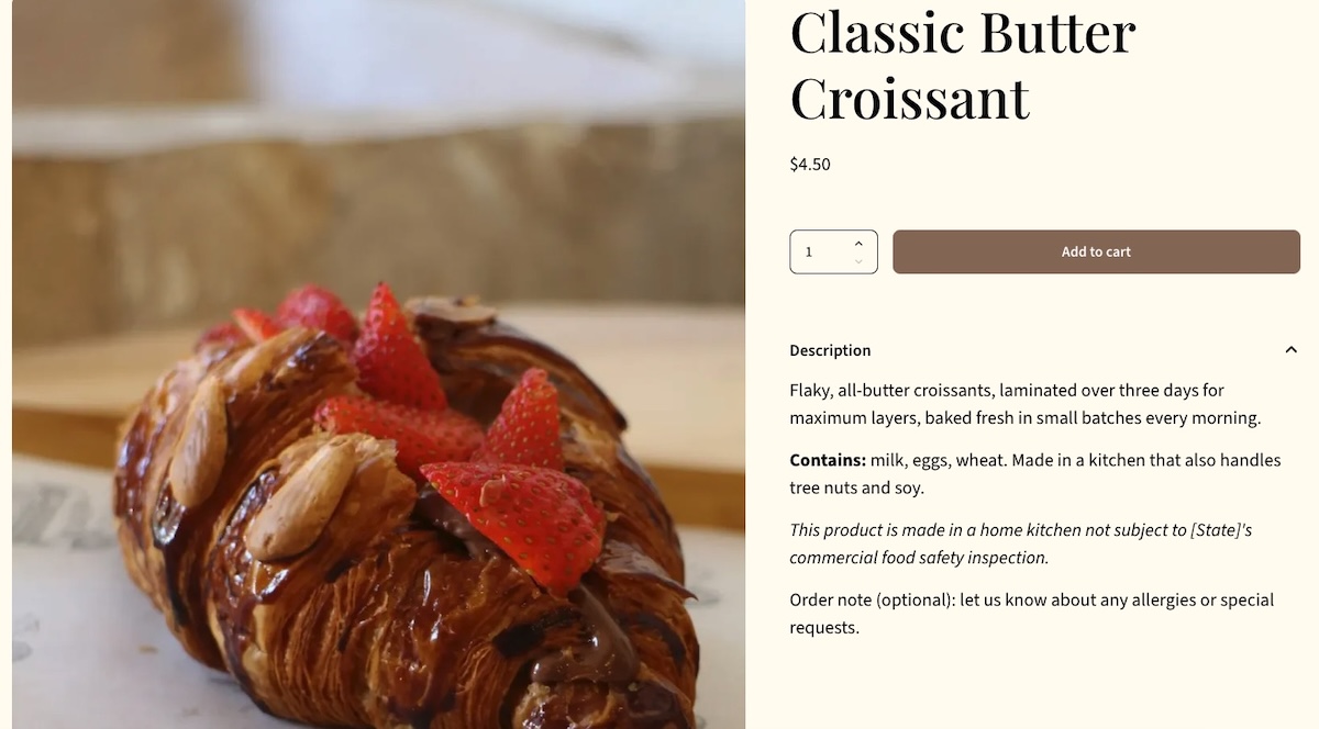 A bakery website builder product vpage where you can add descriptions