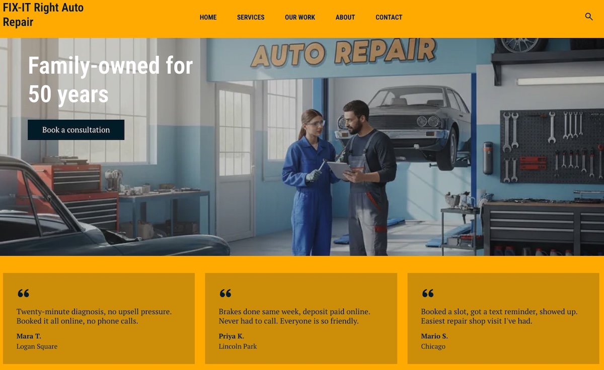 An auto repair shop website that builds trust with testimonials and professional branding