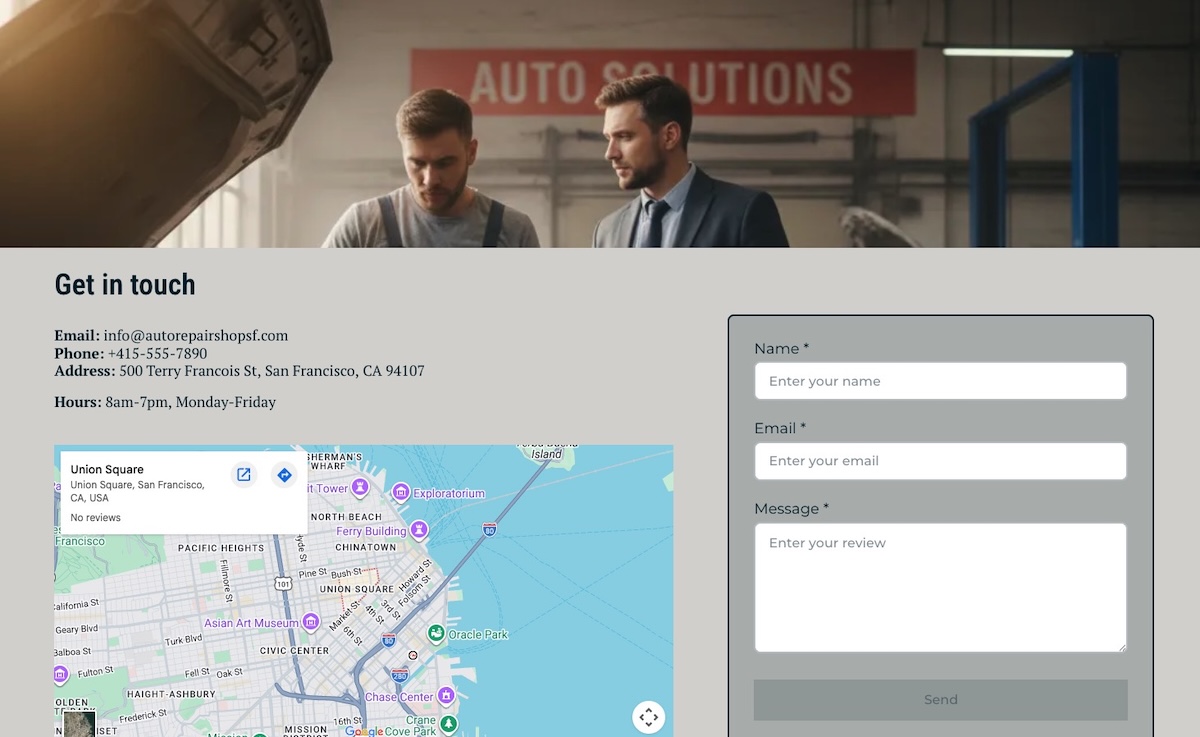 Auto repair shop website contact page with an embedded map for location