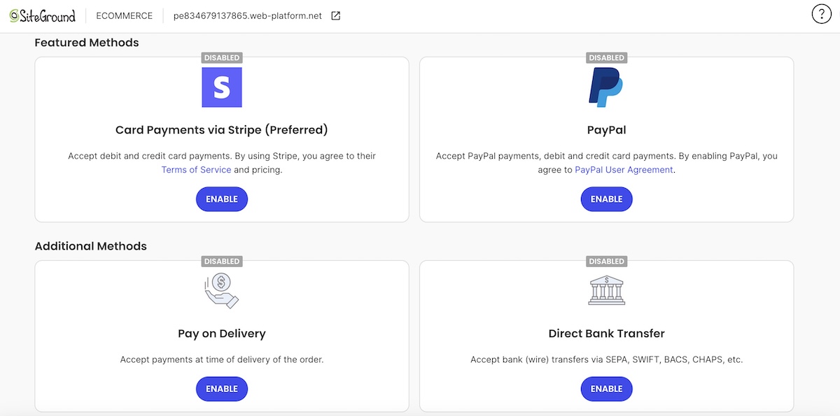 Backend of SiteGround Ecommerce where you can connect different payment methods for your customers