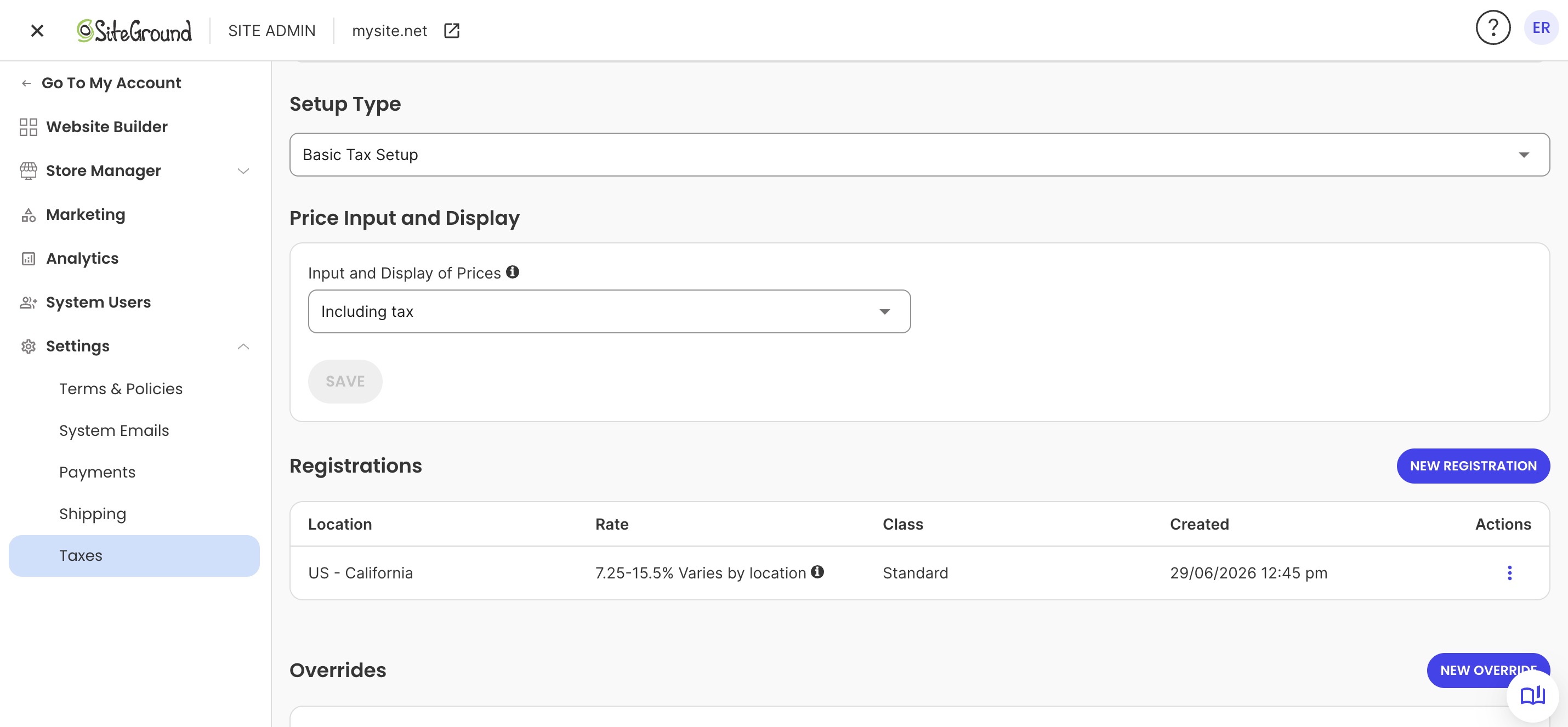 Choosing configuration of the Basic Tax Setup with SiteGround Ecommerce