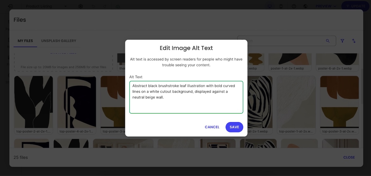 Example of the SiteGround Website Builder prompting you to add image alt text