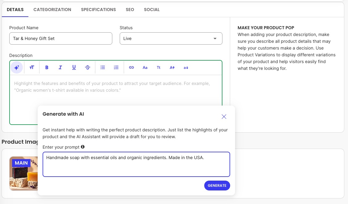Example of writing a product description with the help of AI in a website builder