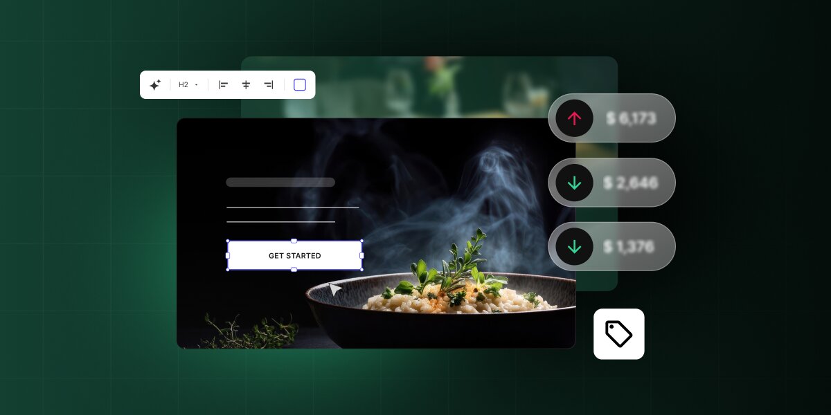 A digital graphic illustrating website building and development costs against a dark green grid background. In the center, a website editor preview showcases a culinary site featuring a steaming bowl of risotto garnished with herbs, where a selected white button reading "GET STARTED" sits beneath a floating text-formatting toolbar. Floating on the right are three translucent price badges with indicator arrows displaying "$6,173" with a red upward arrow, "$2,646" with a green downward arrow, and "$1,376" with a green downward arrow, anchored by a white price tag icon badge in the bottom right corner.