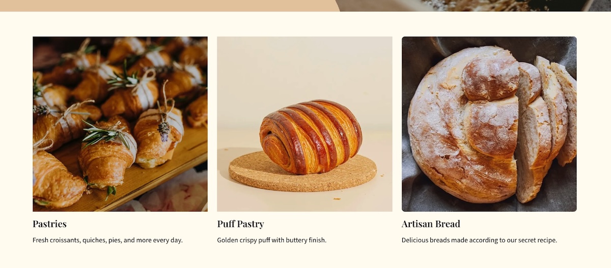 Large image grid on a bakery website builder