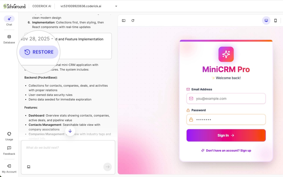 Restore a previous version of project in Coderick AI