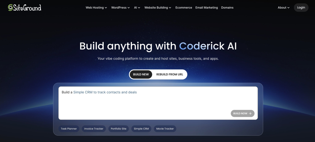 A screenshot of the SiteGround homepage featuring Coderick AI with the main headline "Build anything with Coderick AI" and the subheadline "Your vibe coding platform to create and host sites, business tools, and apps." A toggle allows users to choose between "BUILD NEW" and "REBUILD FROM URL." In the center, a translucent card houses a white prompt input box containing the text "Build a Simple CRM to track contacts and deals" alongside a "BUILD NOW" button. Beneath the input field are preset suggestion tags including "Task Planner," "Invoice Tracker," "Portfolio Site," "Simple CRM," and "Movie Tracker."
