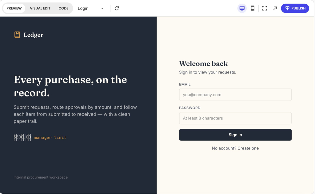 A screenshot of a web application preview displaying a login page split into two sections beneath a top editor bar with a blue "PUBLISH" button. The left dark panel features the "Ledger" logo, the headline "Every purchase, on the record.", a description for an internal procurement workspace, and a "manager limit" badge. The right light panel shows a "Welcome back" sign-in form with email and password input fields, a dark "Sign in" button, and a "No account? Create one" link.