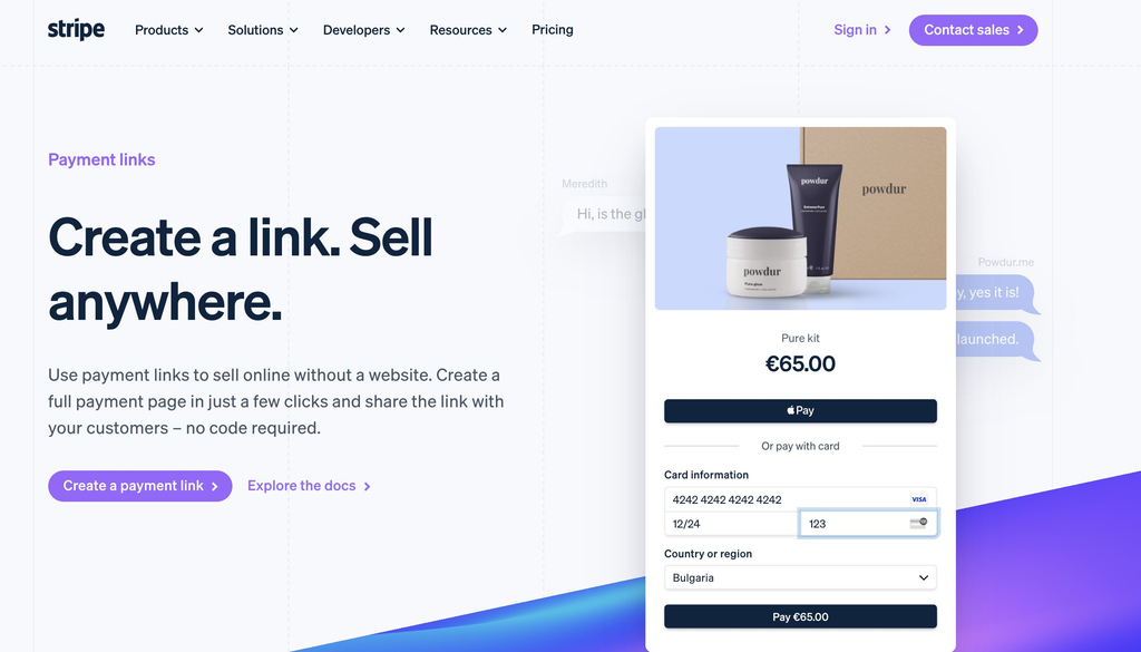 A screenshot of the Stripe landing page for Payment Links featuring the headline "Create a link. Sell anywhere." and a call-to-action button reading "Create a payment link." On the right, a floating checkout preview card displays a skincare product bundle titled "Pure kit" priced at "€65.00," featuring an Apple Pay option, credit card details entry fields, country selection dropdown set to "Bulgaria," and a dark "Pay €65.00" button against floating chat message bubbles in the background.