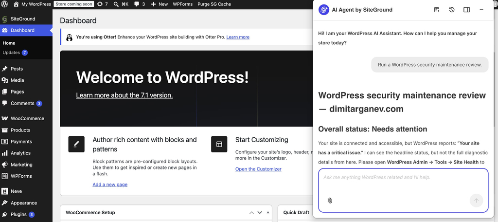Screenshot of a WordPress dashboard alongside the AI Agent by SiteGround panel displaying a security maintenance review for dimitarganev.com with the status "Overall status: Needs attention."