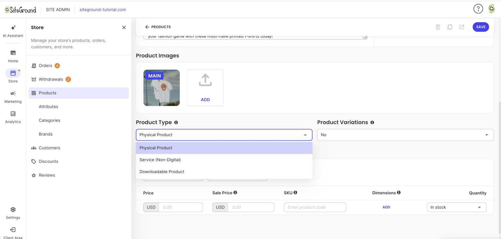 Selecting product type on the backend of an ecommerce platform