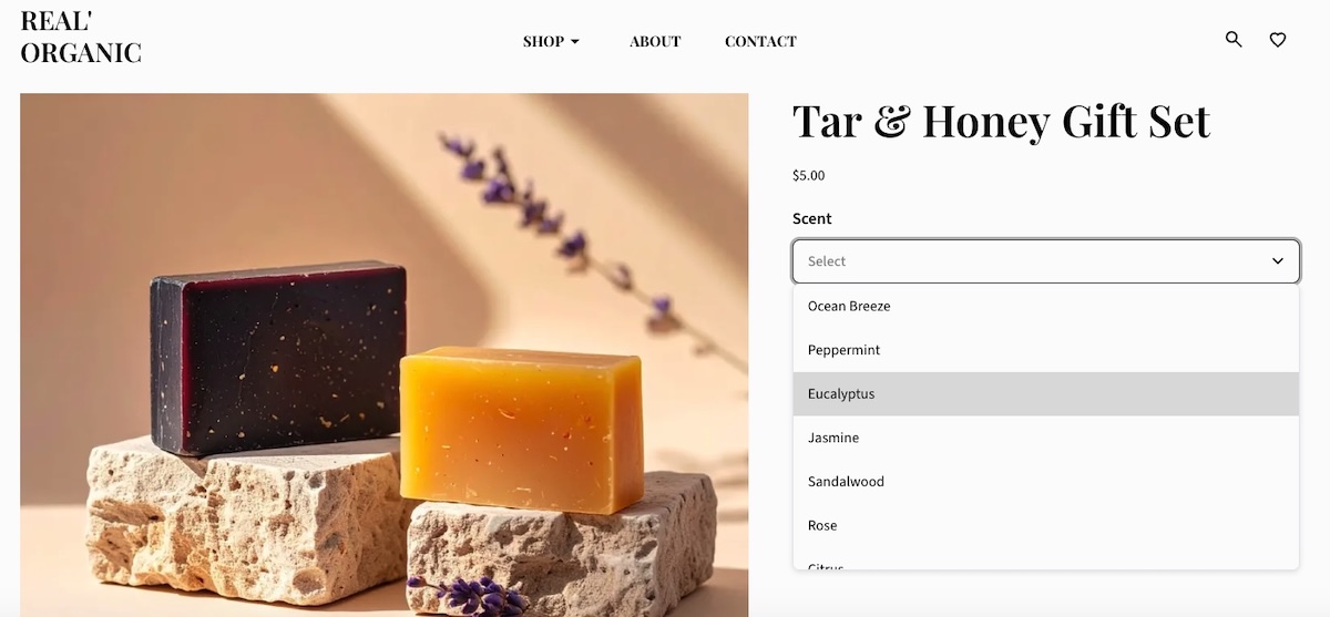 Selecting product variants such as scent on a product page
