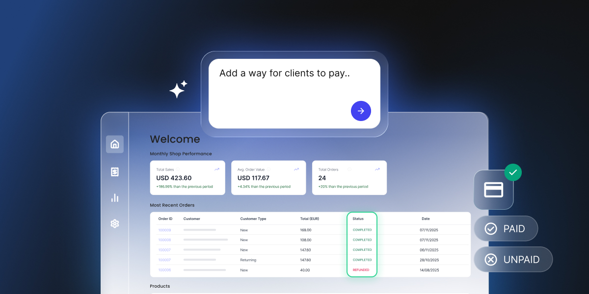 A digital graphic depicting payment integration and e-commerce analytics against a dark blue background. In the upper center, a floating white prompt box displays the text "Add a way for clients to pay.." next to a blue arrow action button. Below, a translucent glassmorphism dashboard shows "Monthly Shop Performance" metrics—including "Total Sales" of "USD 423.60," "Avg. Order Value" of "USD 117.67," and "Total Orders" of "24"—sitting above a "Most Recent Orders" table with highlighted order statuses like "COMPLETED." Floating on the right are payment UI elements, including a credit card icon with a green checkmark, alongside "PAID" and "UNPAID" status badges.