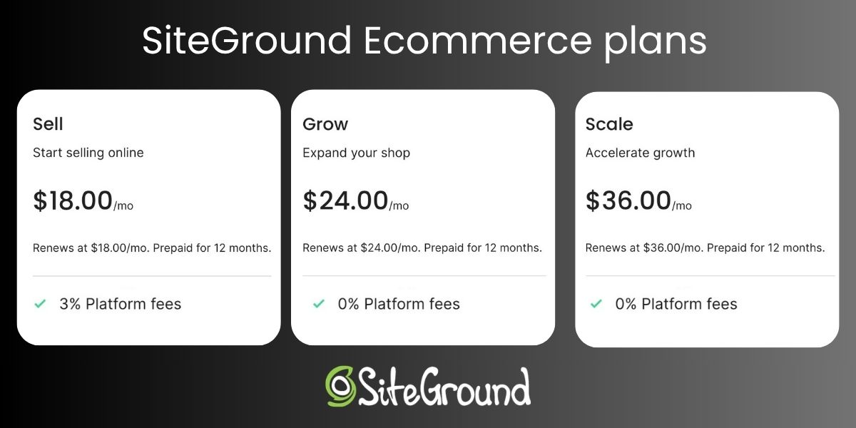 The three different SiteGround Ecommerce plans - Sell, Grow and Scale