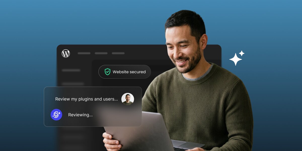 A digital graphic illustrating AI-powered WordPress security and maintenance against a blue gradient background. On the right, a smiling man in an olive green sweater works on a laptop. In the background, a dark WordPress dashboard features a green badge reading "Website secured" with a shield check icon. In the foreground, a floating translucent UI card displays the user prompt "Review my plugins and users..." next to his avatar, followed by an AI status reading "Reviewing..." alongside a SiteGround logo, with a white sparkle symbol floating nearby.