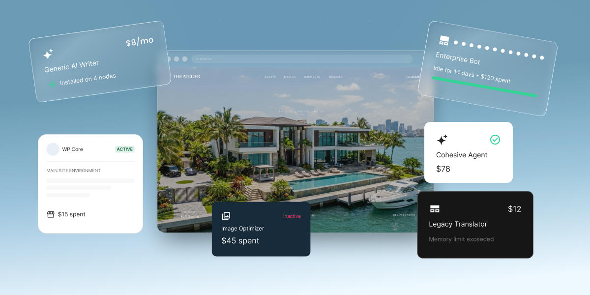 A digital graphic depicting AI tool management and cost tracking around a website, set against a light blue gradient background. In the center, a browser mockup displays a waterfront luxury real estate website titled "THE ATELIER." Floating UI cards surround the website, detailing various software costs and system statuses: a "Generic AI Writer" card at "$8/mo," an "Enterprise Bot" card noting "Idle for 14 days • $120 spent," an active "WP Core" card showing "$15 spent," an inactive "Image Optimizer" card showing "$45 spent," a "Cohesive Agent" card at "$78," and a "Legacy Translator" card at "$12" displaying a "Memory limit exceeded" error.
