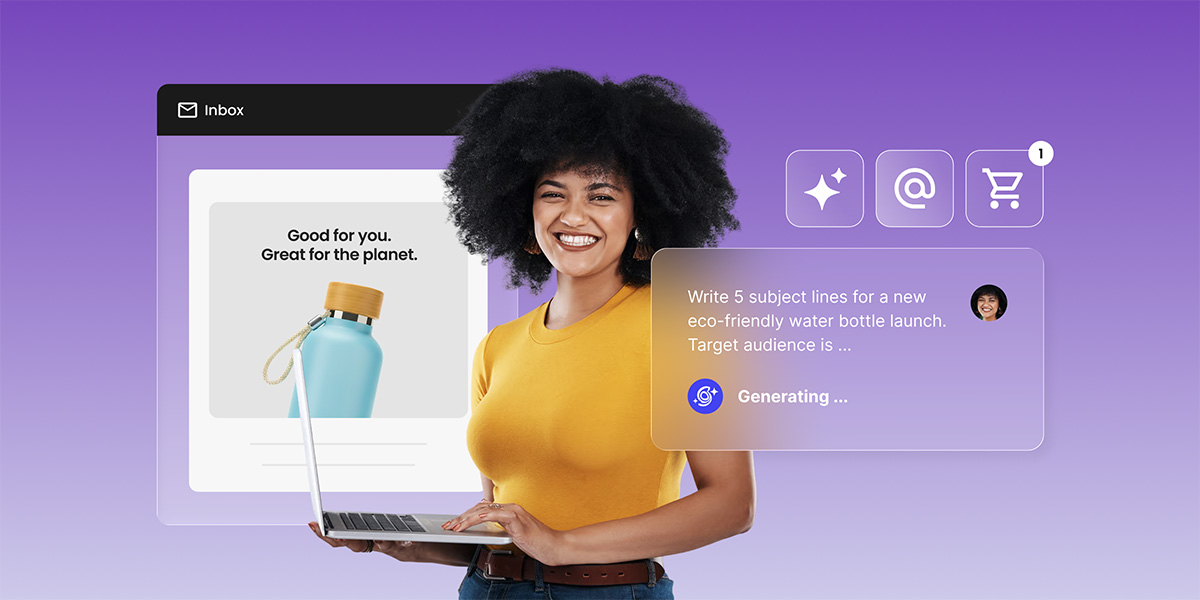 Smiling woman holding a laptop showing an eco-friendly product email, with an AI chat panel generating subject lines beside her