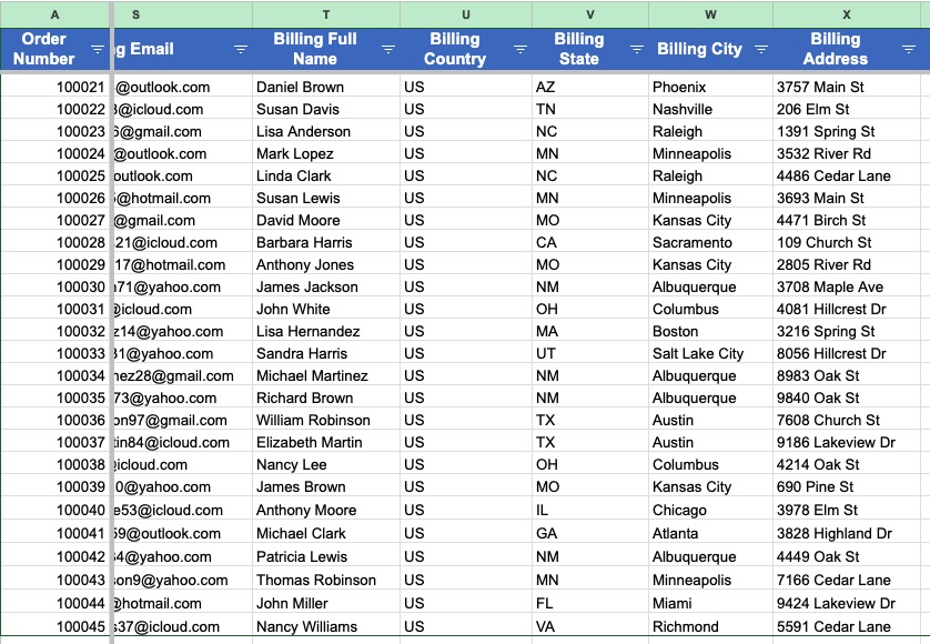 example list of exported orders for ecommerce sales tax