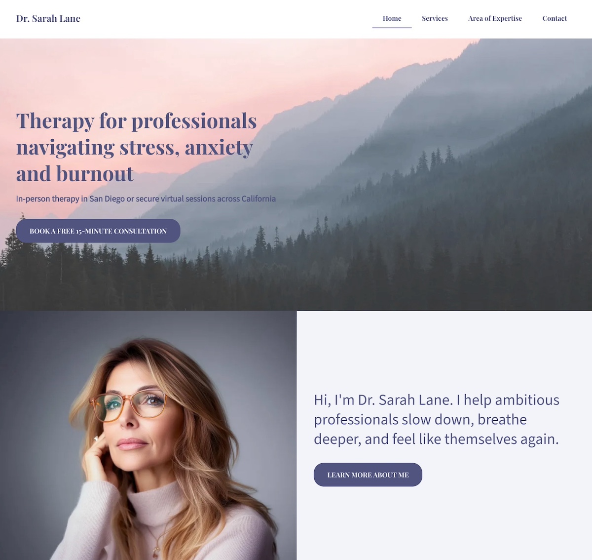 Example of a business coach website homepage with hero section, headline and CTA