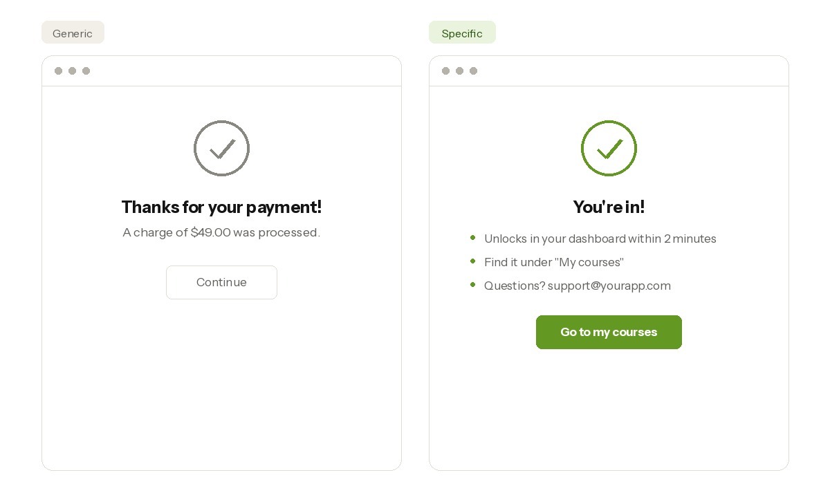 example of a generic versus specific payment confirmation notification