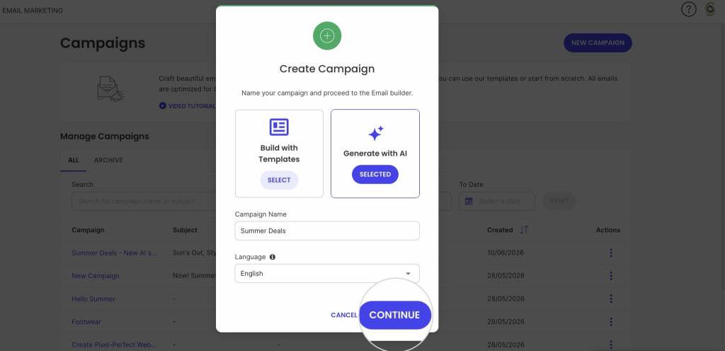 Create Campaign modal with 'Generate with AI' option selected, a campaign named Summer Deals, and a highlighted Continue button