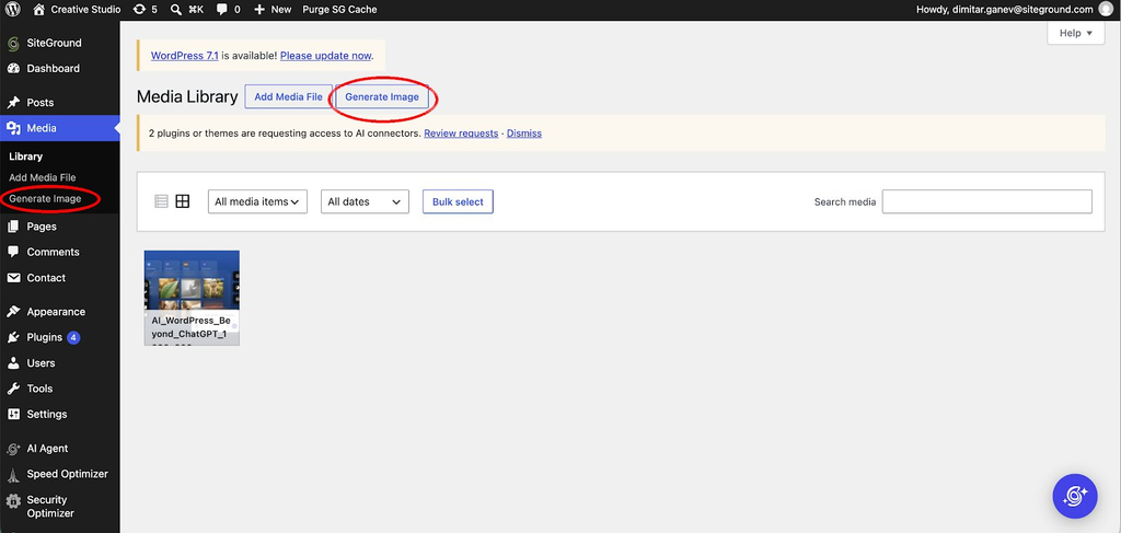 A screenshot of the WordPress Media Library dashboard with red circles highlighting two Generate Image buttons—one in the left admin sidebar navigation under the Media menu, and another at the top of the page next to the Add Media File button. A top notification banner reads "WordPress 7.1 is available! Please update now." above an alert noting that plugins are requesting access to AI connectors.
