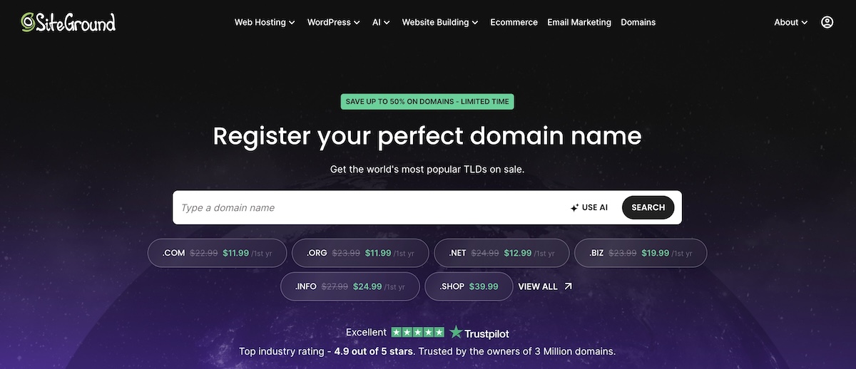 search field for finding and buying your perfect domain name